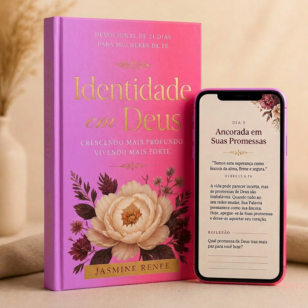 Livro físico Identidade em Deus e smartphone com o devocional de 21 dias